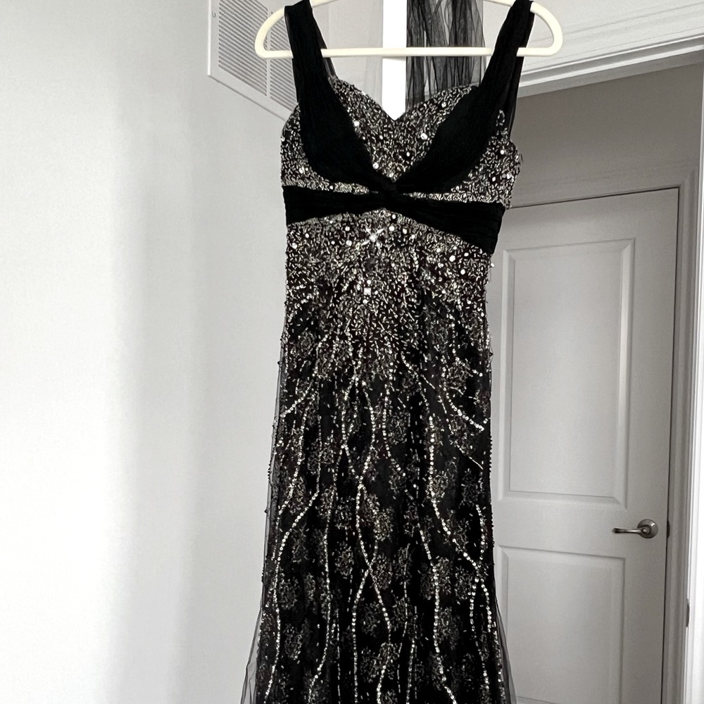 Long black sparkly sequenced dress.